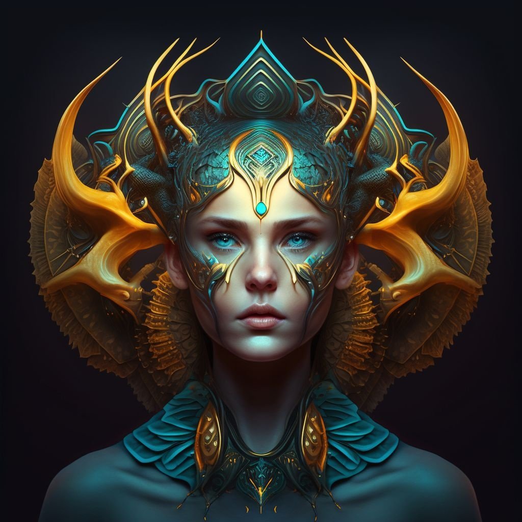 Prompt: an illustration of a woman wearing a golden horn, in the style of fantastical otherworldly visions, dark cyan and amber, realistic hyper-detailed portraits, symmetrical design, angelcore, trapped emotions depicted, airbrush art