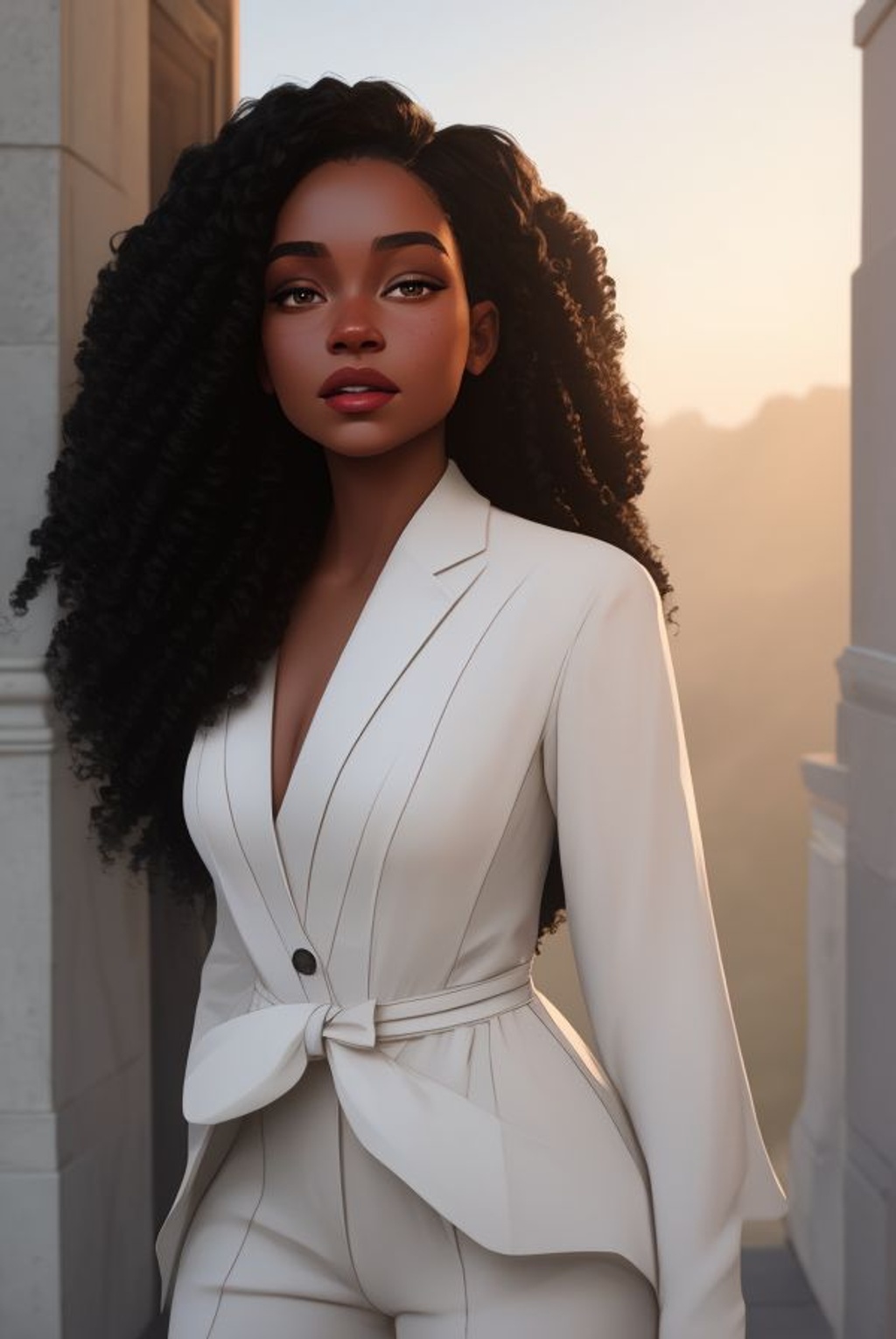 Prompt: positive: Beautiful mixed-race woman with flowing long curly black hair, light-skinned, formal portrait, ((natural lighting)), sunn, outdoors, delicate features, confident expression, editorial style, high-resolution, digital art, trending on Behance, detailed, intricate, elegant, vfx, postprocessing, cinematic color grading, hyperrealism, symmetrical face and body, single face, high-resolution texture, 4k<lora:arcaneStyleLora_offset:0.5>, <lora:samYangOffsetRight.dGCf:0.7> negative: ((long neck)), Blurry, pixelated, low-resolution, bad lighting, unflattering pose, unnatural expression, busy background, unbalanced composition, distorted features, unrealistic colors, dated style, poorly executed, lack of attention to detail, unprofessional