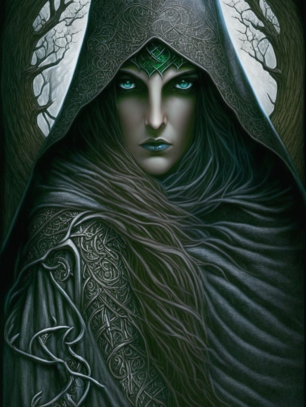 Prompt: Anne Stokes' best illustration. Award winning masterpiece. Official art. Celtic Druidess. Hooded, mysterious atmosphere, inspired by medieval manuscripts. Best quality, ultra smooth, ultra clean, 8k, ultra high res, ultra sharp, ultra-detailed, sharp focus