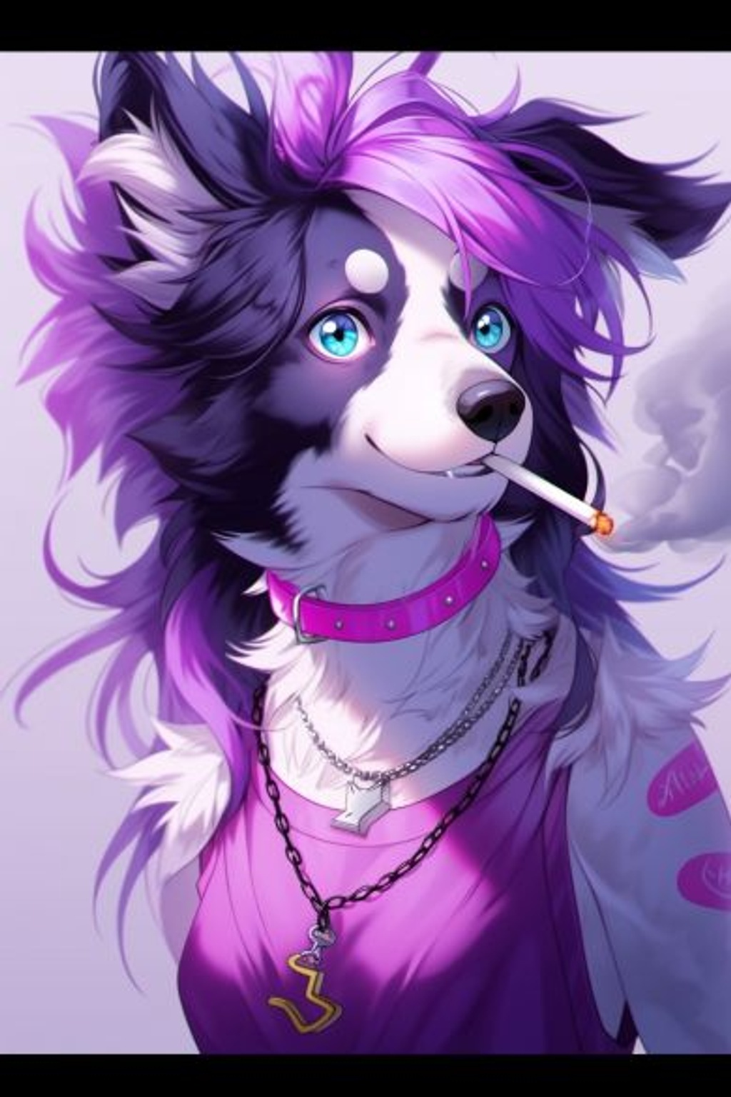 Prompt: anthropromorphic border collie with purple fur, realistic dog head on a human body, wearing pink tank top with a paw print on it, icy blue eyes, smoking a roach with smoke coming from it, beautiful blue eyes with long eyelashes, two long purple ponytails, --ar 2:3 --iw 1 --s 100 --q 2 --upbeta --niji 5