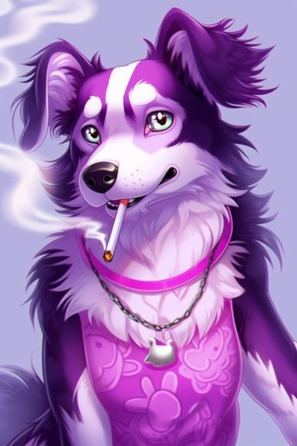 Prompt: anthropromorphic border collie with purple fur, realistic dog head on a human body, wearing pink tank top with a paw print on it, icy blue eyes, smoking a roach with smoke coming from it, beautiful blue eyes with long eyelashes, two long purple ponytails, --ar 2:3 --iw 2 --s 50 --q 2 --upbeta --niji 5