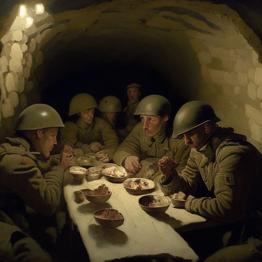 Prompt: Emile Bernard's best artwork. Award winning masterpiece. Official art. Soldiers eating dinner in wwii trenches. Best quality, ultra smooth, ultra clean, 8k, ultra high res, ultra sharp, ultra-detailed, sharp focus