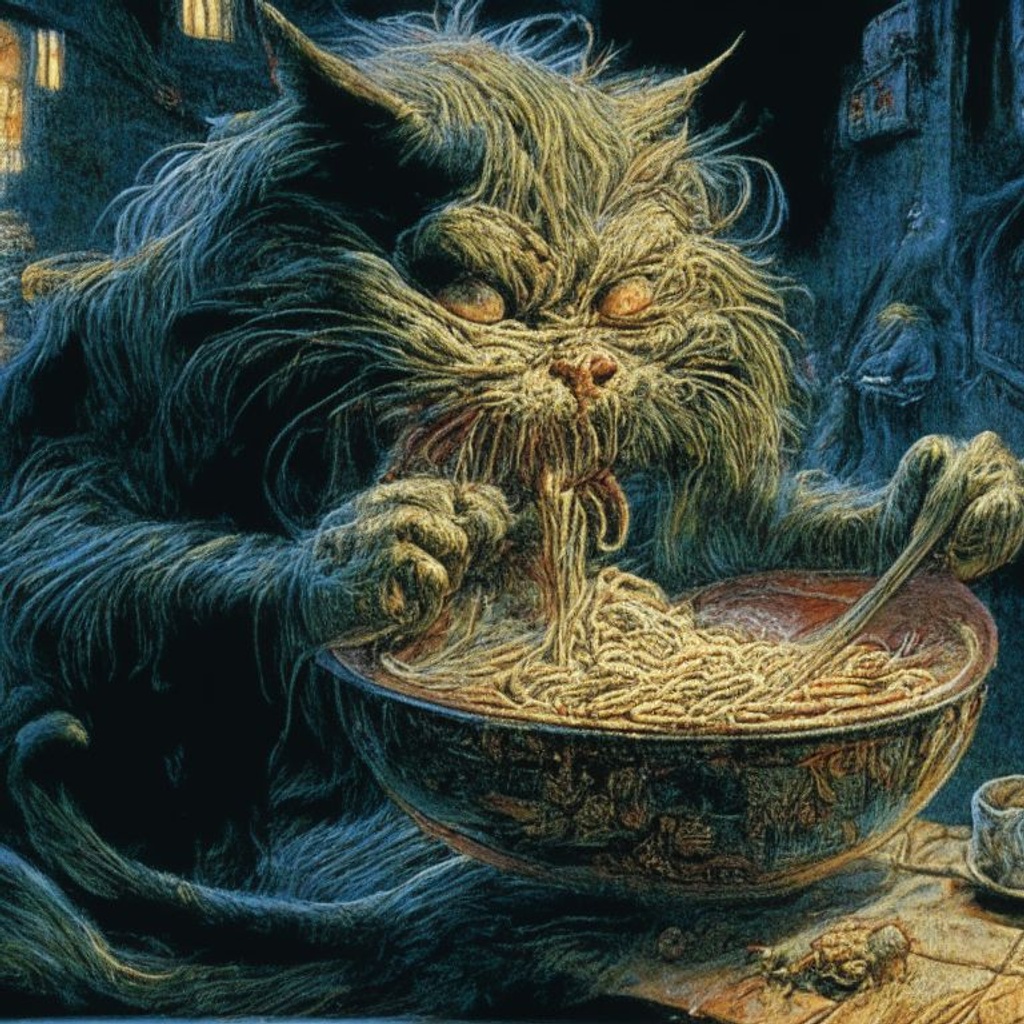 Prompt: Mike Ploog's best artwork. Award winning masterpiece. Official art. Cat eating ramen. Best quality, ultra smooth, ultra clean, 8k, ultra high res, ultra sharp, ultra-detailed, sharp focus