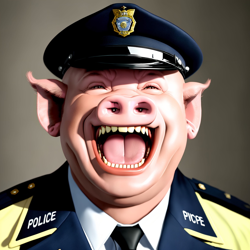 Prompt: Realistic photo of fleshy laughing antro andromorphic ((Pig man)) cop laughing maniacally, police uniform, hat.