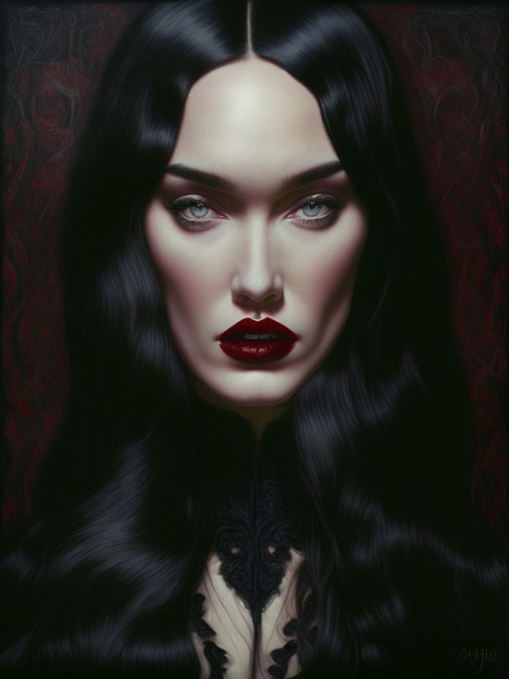 Prompt: Mao Hamaguchi's best artwork. Award winning masterpiece. Official art. Portrait of megan fox as morticia addams. Best quality ultra smooth ultra clean 8k ultra high res ultra sharp ultra-detailed sharp focus