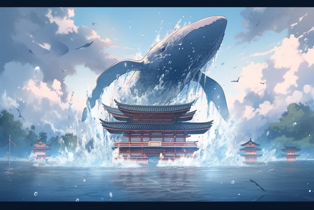 Prompt: realistic blue narwhal made entirely of water breaching from the waves of the ocean, foam, splash, spray, thunderstorm, wet, water droplets, scary, beautiful, breathtaking, asian temples background --ar 3:2 --q 2 --upbeta --niji 5