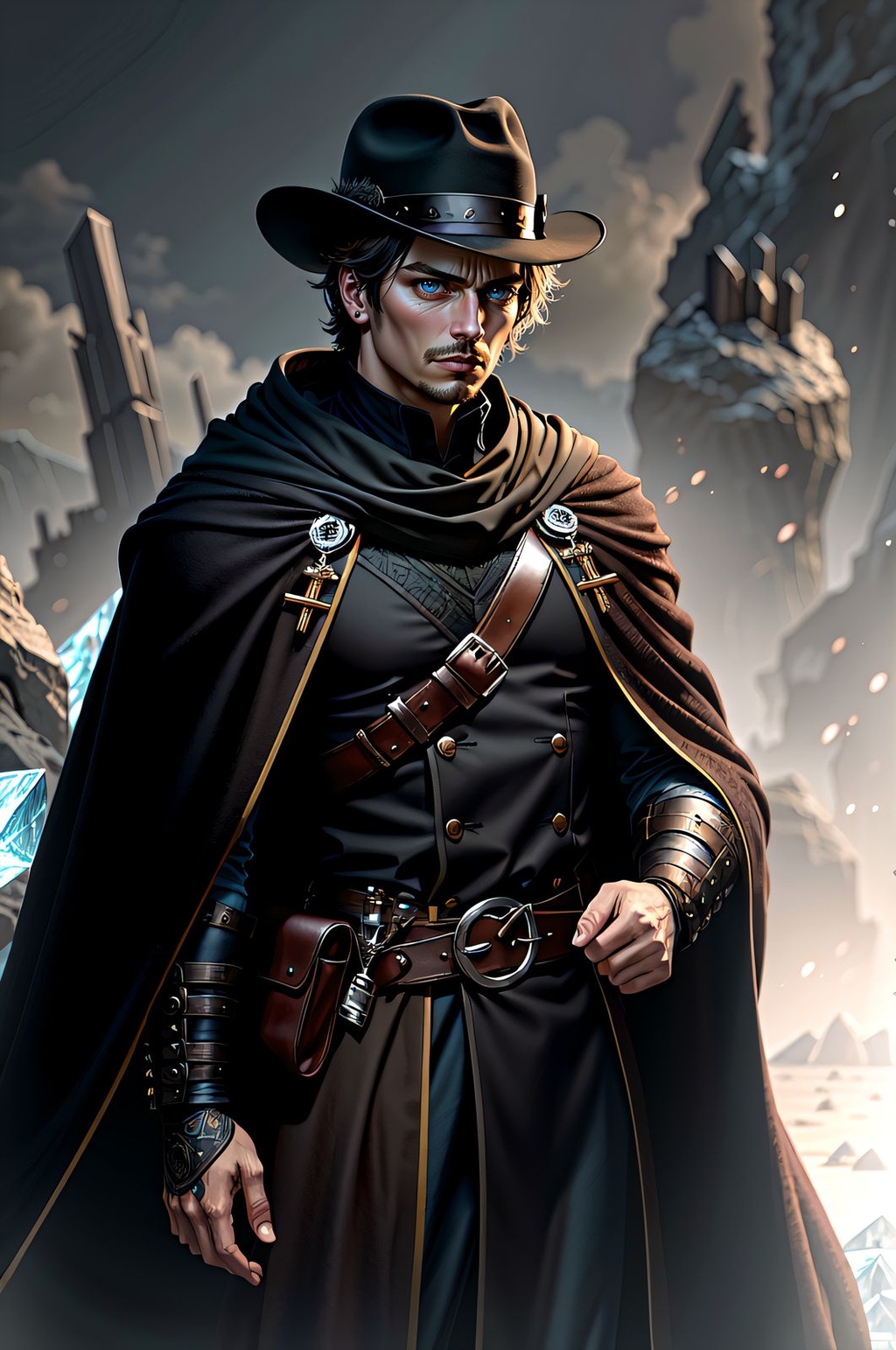 Prompt: 1Man, light brown short hair, detective, black fedora, fantasy, wearing mysterious black cloak, charismatic, ice cold eyes, anti-hero,  mysterious, black robe