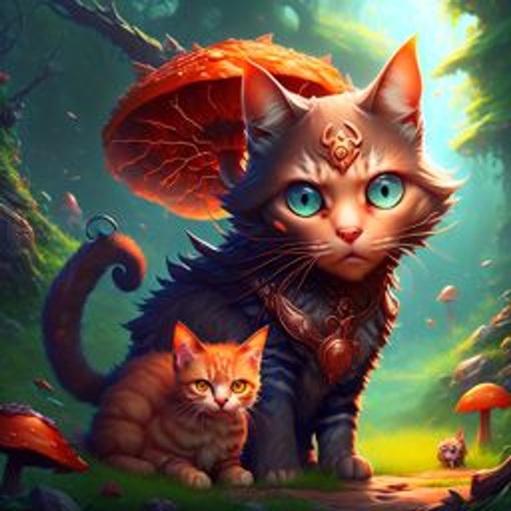 Prompt: Mushroom cat family, love, cats, mushrooms!!!