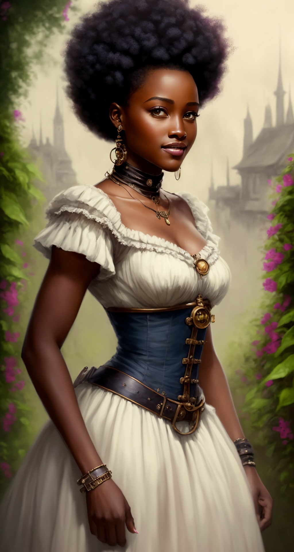 Prompt: Breathtaking cinematic ((High quality)) ((photorealistic full-body)) splash art fantasy wallpaper steampunk diesel punk style grand manner portrait of prim and proper affluent ((inventor)) young lady fantasy Lupita Nyong'o crossed with young Diana Ross simple big Big Puff coarse hair (afro) Bridgerton black historical romance wearing regency dress dnd character in an epic secret garden with ((her workshop visible)) in the distance by Bastien L. Deharme and Antonio J. Manzanedo. Epic Matt painting background by Keith Parkinson. slight genuine smile, smirk, wealthy, soft caramel colored skin, Crisp Pinterest model Portrait Maid of Honor cute online profile picture senior photo.