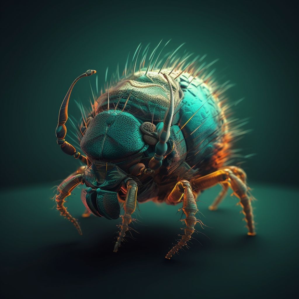 Prompt: 3D illustration of an enlarged in a greenish color, in the style of jeff soto, nanopunk, macro photography, dark cyan and orange, scientific illustrations, bugcore, keith carter