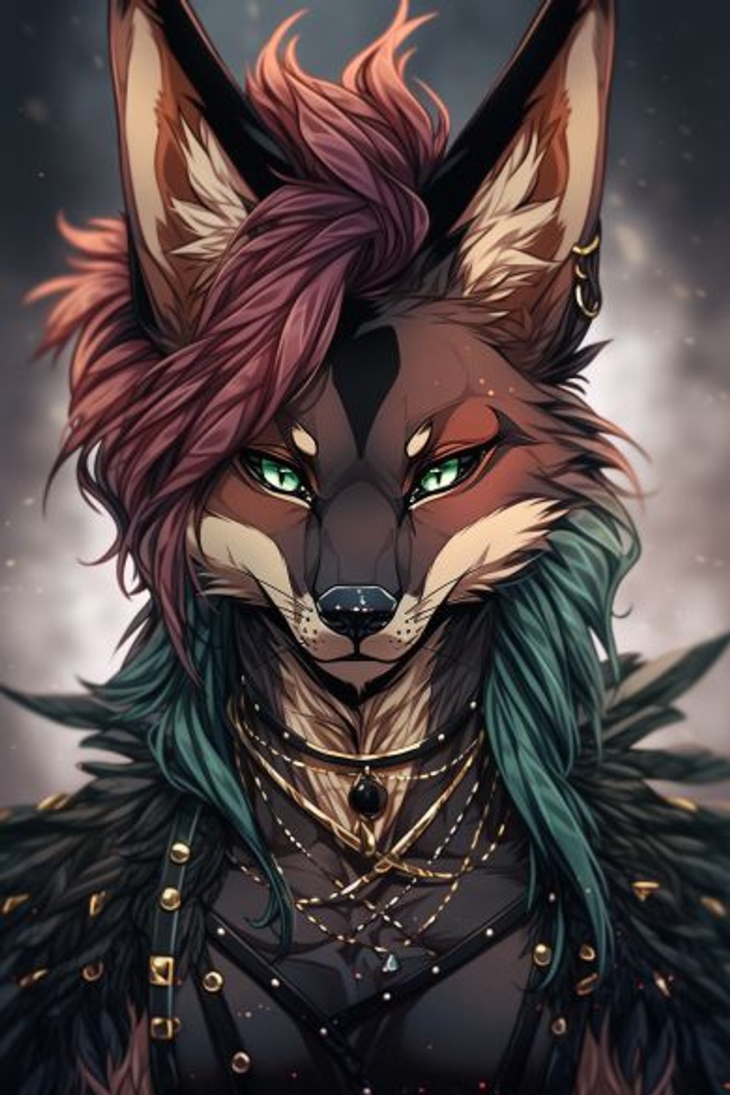 Prompt: a very detailed and realistic image of a jackal furry with crimson red fur, brown stomach, black arms, gold eye makeup, green eyes, thin male with long black ears, purple hair tuft, and spiked dog collar. The image feels very photorealistic and high-resolution --ar 2:3 --q 2 --upbeta --niji 5