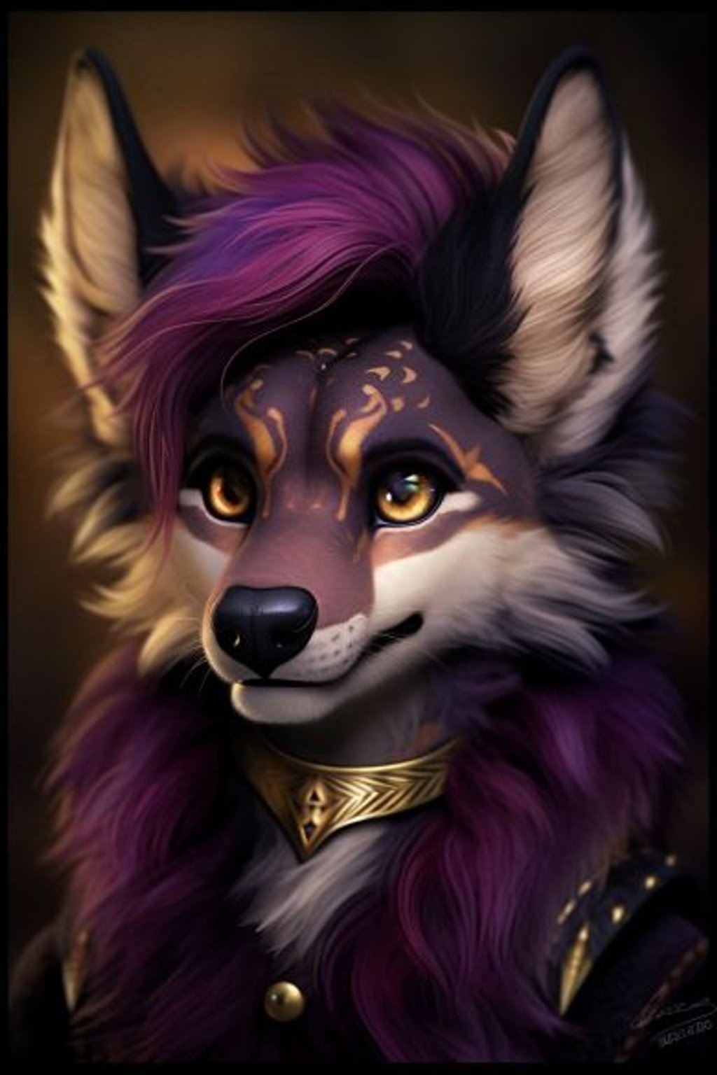 Prompt: a photorealistic image of a furry anthropomorphic jackal with Crimson Red Fur, Brown Stomach, Black Arms, Gold Eye Makeup, Green Eyes and long Black Ears. he wears a Spiked Dog Collar and has purple hair tuft. The image is realistic and the scene feels dramatic, giving off a sense of power and strength, but also warmth and comfort. A very detailed and unique character design image overall. --ar 2:3 --q 2 --upbeta --niji 5