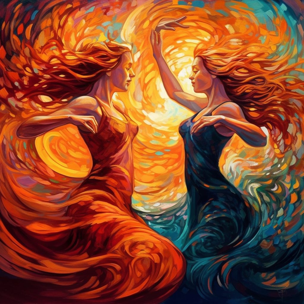 Prompt: two women dancing in colorful light, in the style of optical illusion paintings, colorful turbulence, celtic art, crimson and amber, tumblewave, painted illustrations