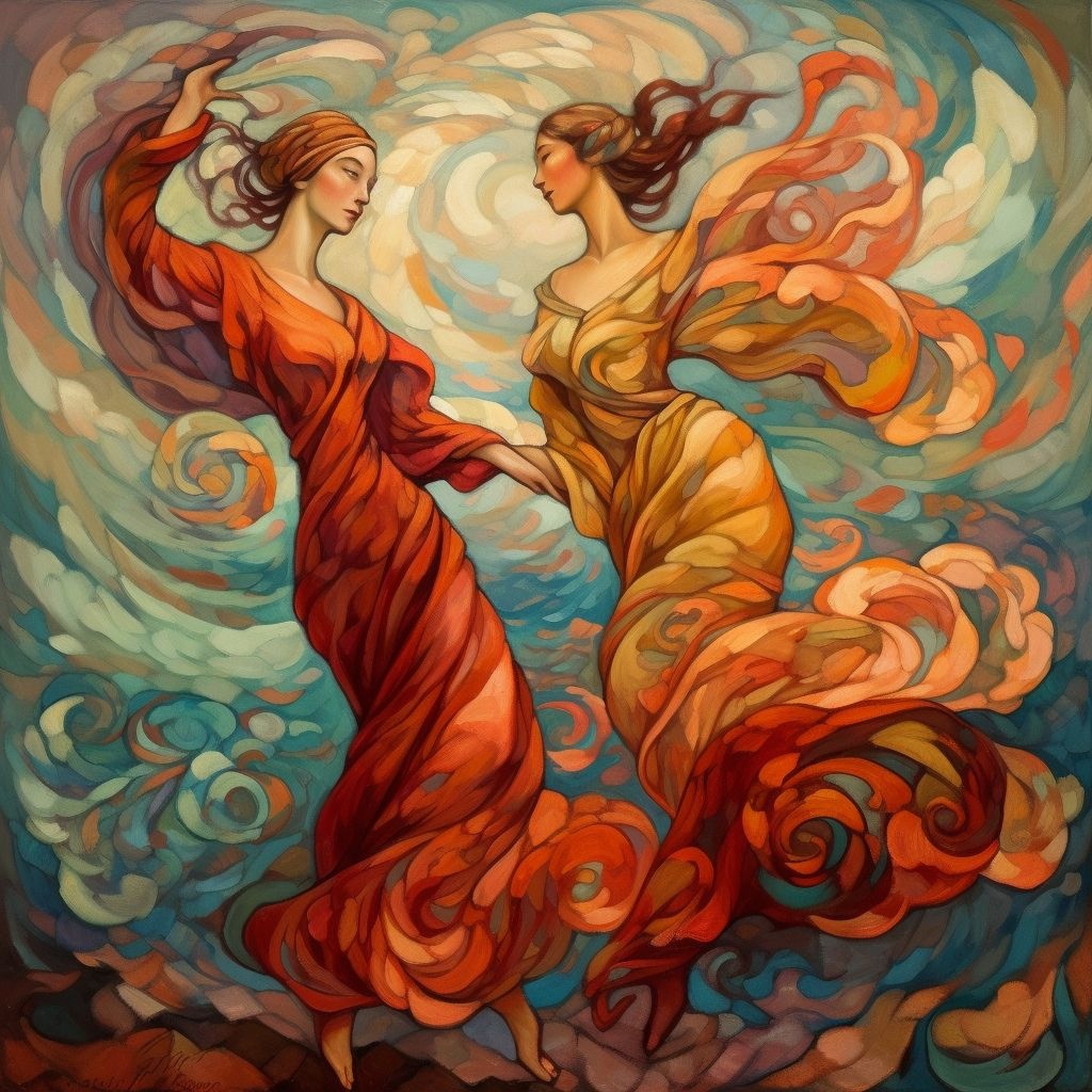 Prompt: two women are dancing down the cloudy sky, in the style of cristina mcallister, impressionist sensibilities, crimson and amber, oleg shuplyak, tonal variations in color, peter mitchev, flowing forms