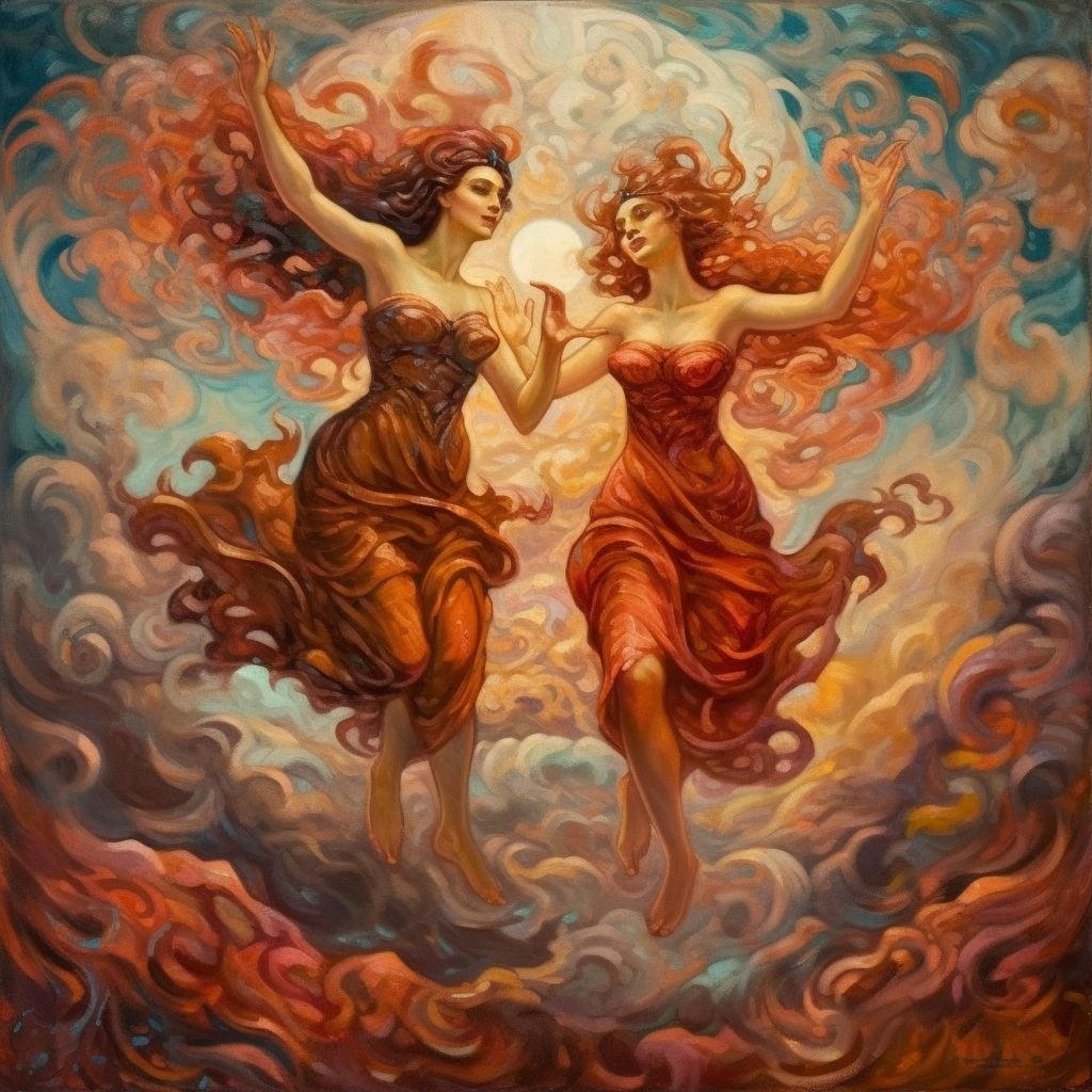 Prompt: two ladies dancing on a cloud, in the style of emily balivet, warm color palette, oleg shuplyak, trapped emotions depicted, crimson and bronze, traditional oceanic art, spiral group