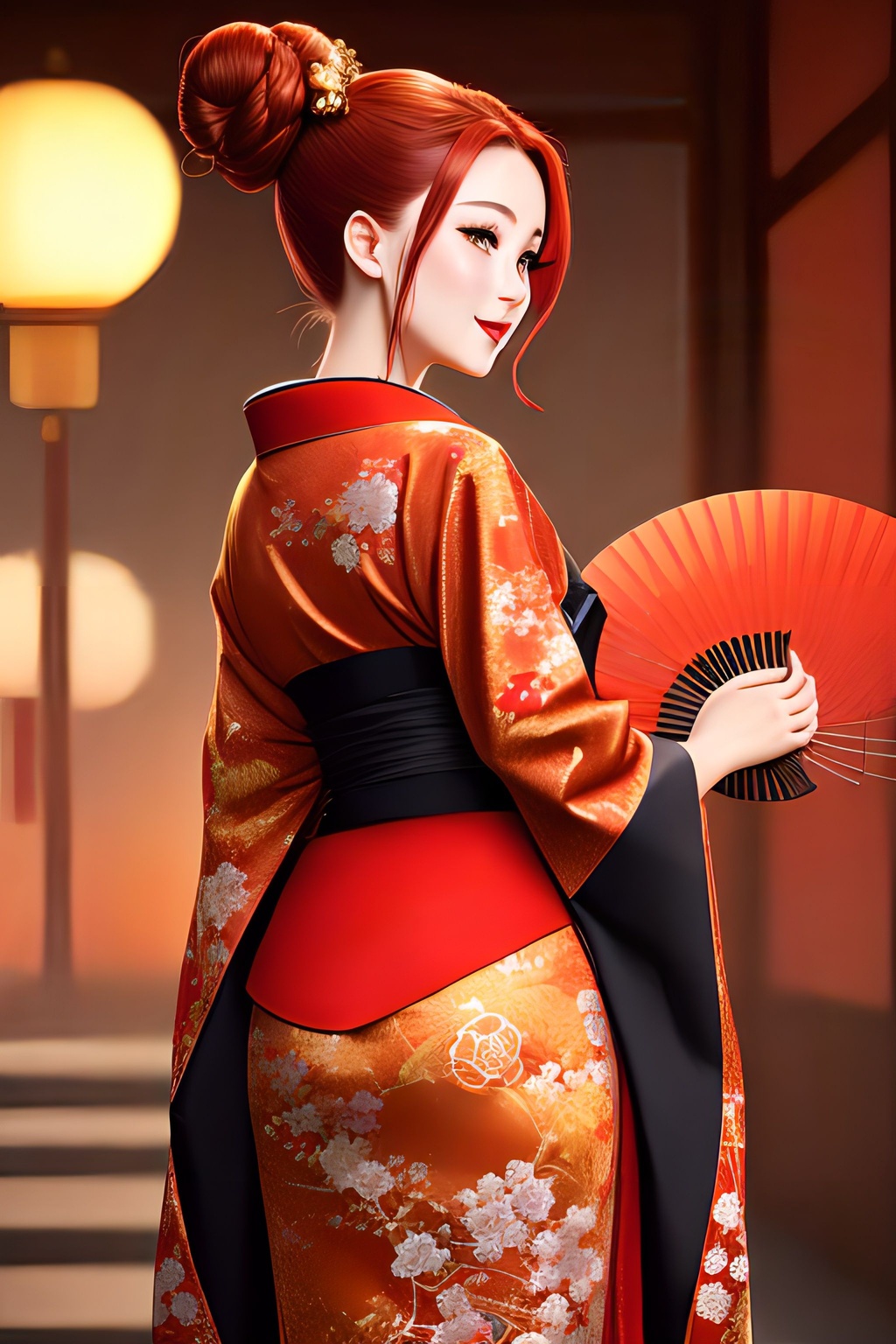 Prompt: Ilustration of beauty female,red Low Bun hair,Kimono Dress,pretty eyes,fancy,hand fan,glossy lips,laugh,gorgeous,heart-shaped and rounded buttock,Kyoto city,fantasy,UHD,64k,hyper detailed,artistic,golden hour lighting,sunrise,sunset,face detailed,full body shot,ultra-fine detailed,realism,artstation,masterpiece,epic,Sharp focus,dynamic potrait,