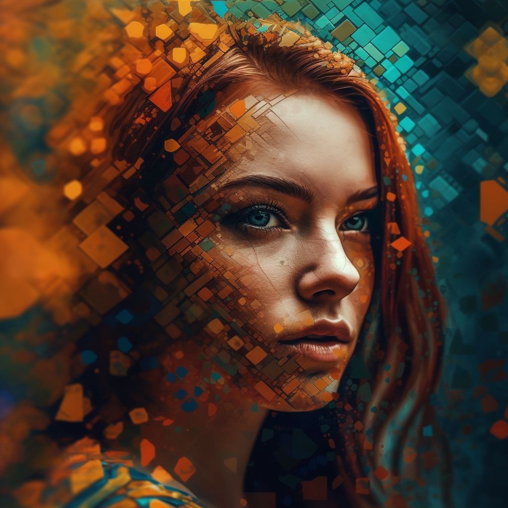 Prompt: an image of a woman made from many different pieces, in the style of uhd image, cyan and amber, voxel art, eye-catching composition, cracked, serene faces, realistic color palette