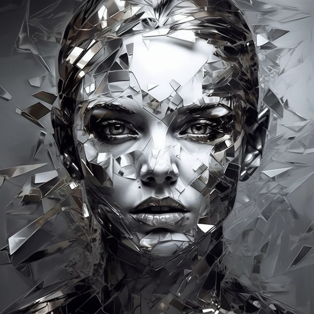 Prompt: the face of a woman is shown completely in pieces, in the style of ultra detailed, liquid metal, fragmented icons, 3d, monochrome portraits, cubist shattered planes, josh adamski