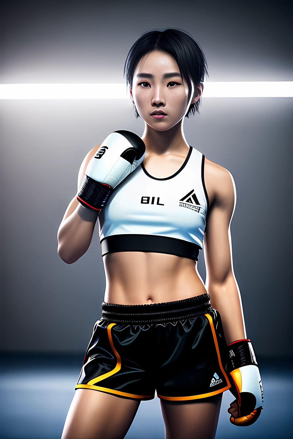 Prompt: A young beautiful boxing athlete,22 years old Korean female,elegant short hair,pretty eyes,glossy lips,sport clothes ,wearing boxing gloves,focus,cool pose,cinematic lighting,golden hour photography,boxing ring,64k,UHD,highly realistic,ultra realistic,dynamic potrait,cinematic,photorealistic,sweating,Gorgeous face,