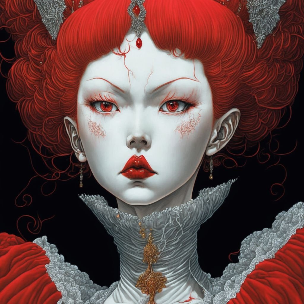 Prompt: Tsuguharu Foujita's best artwork. Award winning masterpiece. Official art. Portrait of red queen. Best quality, ultra smooth, ultra clean, 8k, ultra high res, ultra sharp, ultra-detailed, sharp focus