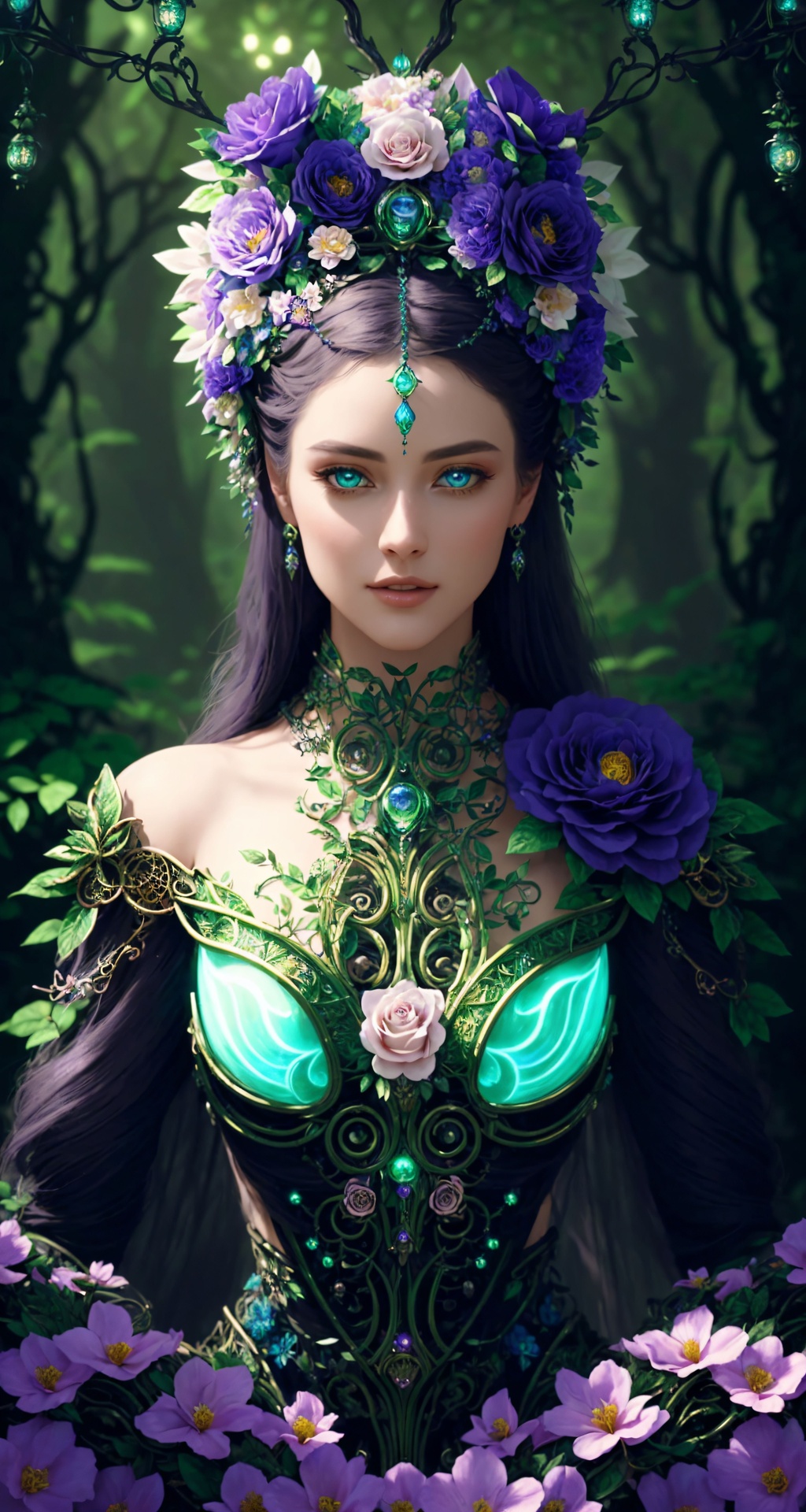 Prompt: ((Cinematic)) ((photorealistic portrait)) of a mysterious hybrid creature, a fusion of ((floral)) and ((mechanical)) elements, wandering through an enchanted forest of bioluminescent trees and glowing plants. This unique being, with a body covered in lush foliage and intricate gears, has radiant eyes that emit a soft, mesmerizing light. It explores the surreal landscape, a realm where nature and technology coexist harmoniously. Delicate flowers intertwined with polished metal vines form a fascinating, intricate pattern on the creature's skin. High detail, UHD 4k wallpaper, by Roger Dean, Josephine Wall, H.R. Giger, and Daniel Lieske.