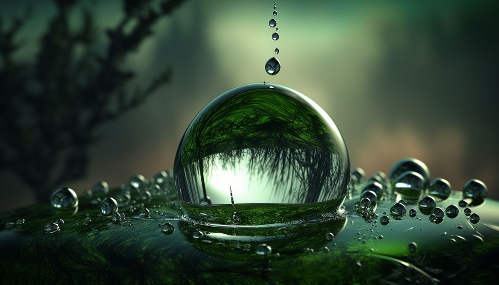 Prompt: top water drop wallpaper, in the style of igor zenin, silver and green, raphael lacoste, stockphoto, rounded, george inness, sterling silver highlights