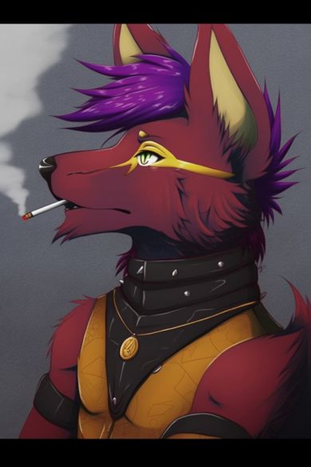 Prompt: a very detailed and realistic image of a jackal furry with crimson red fur, brown stomach, black arms, gold eye makeup, green eyes, thin male with long black ears, purple hair tuft, and spiked dog collar. The image feels very photorealistic and high-resolution --ar 2:3 --iw 1.5 --q 2 --upbeta --niji 5