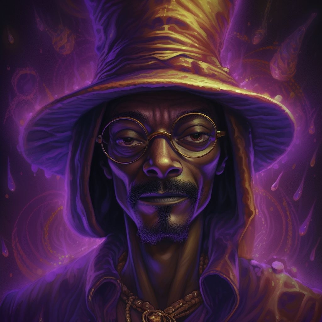 Prompt: snoop dogg's magic wizard mp3 1080p, in the style of casey weldon, colored cartoon style, dark gold and purple, martiros saryan, technicolor dreamscapes, appropriation artist, eiichiro oda