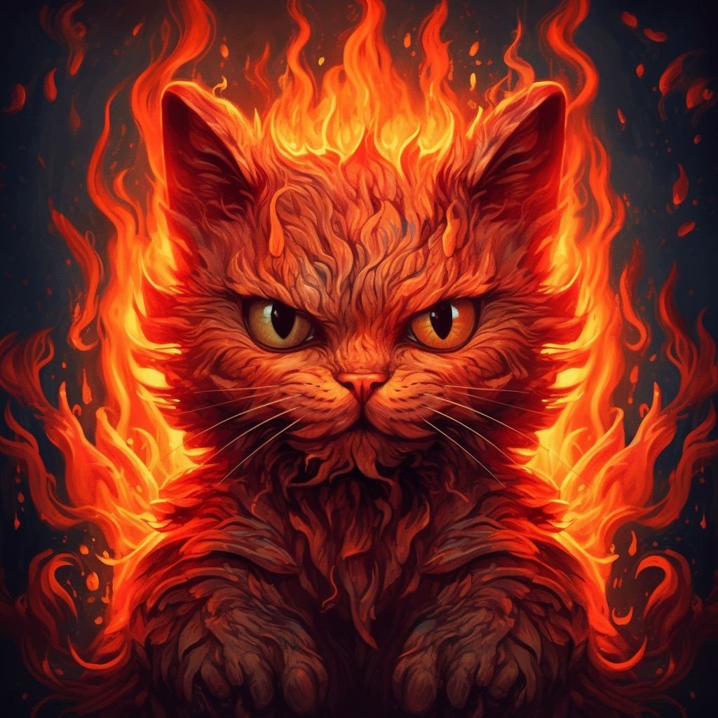 Prompt: art of fire with cats and flame, in the style of hyper-detailed illustrations, weirdcore, playful character designs, dark matter art, textured shading, eerily realistic, cute cartoonish designs