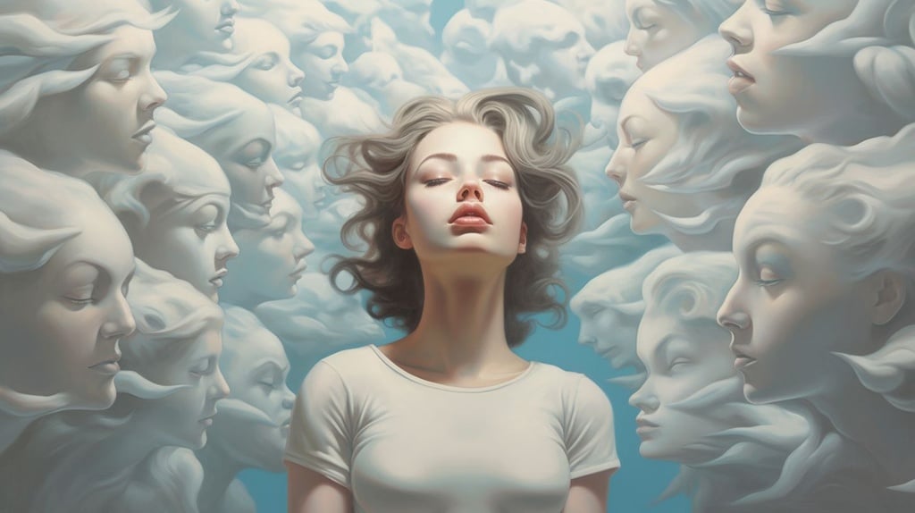 Prompt: a clouded painting with a girl in the center, in the style of futuristic realism, distinctive noses, detailed crowd scenes, ethereal sculptures, soft color blending, hyperrealistic illustrations, light cyan and white