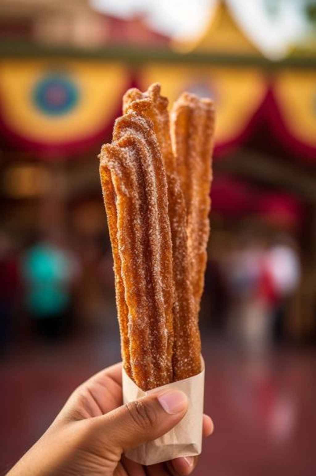 Prompt: A mouthwatering close-up of the most delectable churro on the planet. The churro is perfectly cooked, golden-brown, and generously coated in a glistening layer of sugar. The focus is on the intricate details of the sugar crystals, making the churro look irresistibly tempting. In the background, there is a faded fairground scene, creating a nostalgic atmosphere. --ar 2:3 --q 2 --upbeta --v 5.1