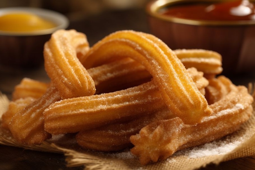 Prompt: Churros: 0.9 Sugar Coating: 0.8 Golden-Brown Texture: 0.7 Mouthwatering Appearance: 0.8 Faded Fairground Background: 0.6 Nostalgic Atmosphere: 0.5 Close-Up View: 0.9 --ar 3:2 --q 2 --upbeta --v 5.1