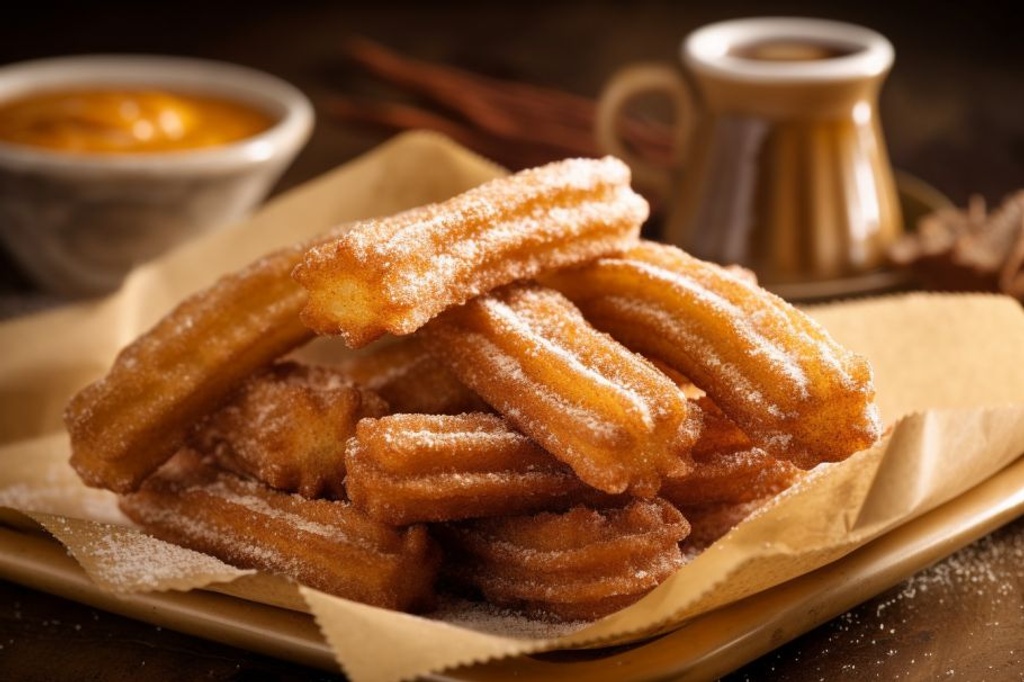 Prompt: Churros: 0.9 Sugar Coating: 0.8 Golden-Brown Texture: 0.7 Mouthwatering Appearance: 0.8 Faded Fairground Background: 0.6 Nostalgic Atmosphere: 0.5 Close-Up View: 0.9 --ar 3:2 --c 2 --s 500 --q 2 --upbeta --v 5.1