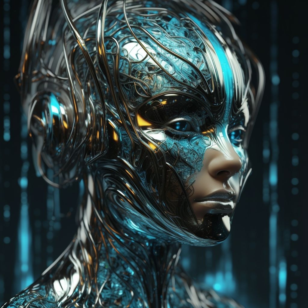 Prompt: a woman with an alien face, in the style of luminosity of water, highly detailed figures, cyberpunk futurism, serene faces, three-dimensional effects, detailed and intricate, polished metamorphosis