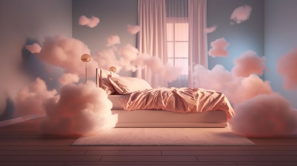 Prompt: warm fluffy bed, comfortable pillows, interior a bedroom made of soft clouds, warm glowing light, soft lighting, soft art style, floating, light pink glow --aspect 16:9 --v 5.1