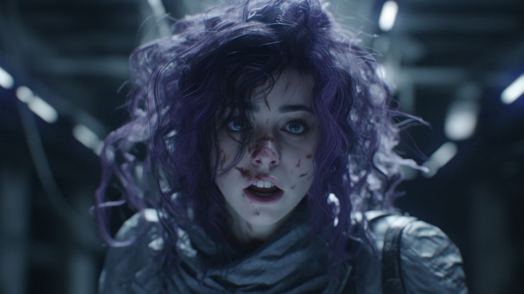 Prompt: female human with messy wavy purple hair doing stanley kubrick stare, wearing a straight jacket, restraints, blue eyes, messy hair over one eye, interior asylum, fear, terror, scream, prisoner, dim lighting, intricate detail, unreal engine, octane render, detailed architecture, broken walls, 8k, hyper realistic, photo quality, black liquid streaming from eyes, --ar 16:9 --q 2 --upbeta 