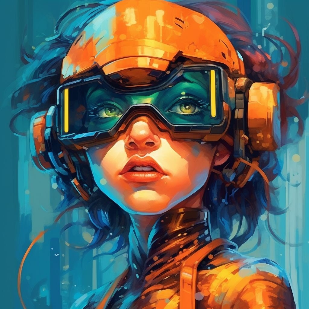 Prompt: a girl with a goggle on her face, in the style of cyril rolando, masamune shirow, slender, colorful cartoon, robotic expressionism