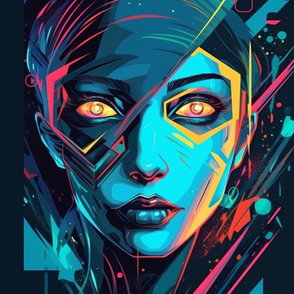 Prompt: the woman has glowing eyes in futuristic space, in the style of graffiti-inspired illustrations, slender