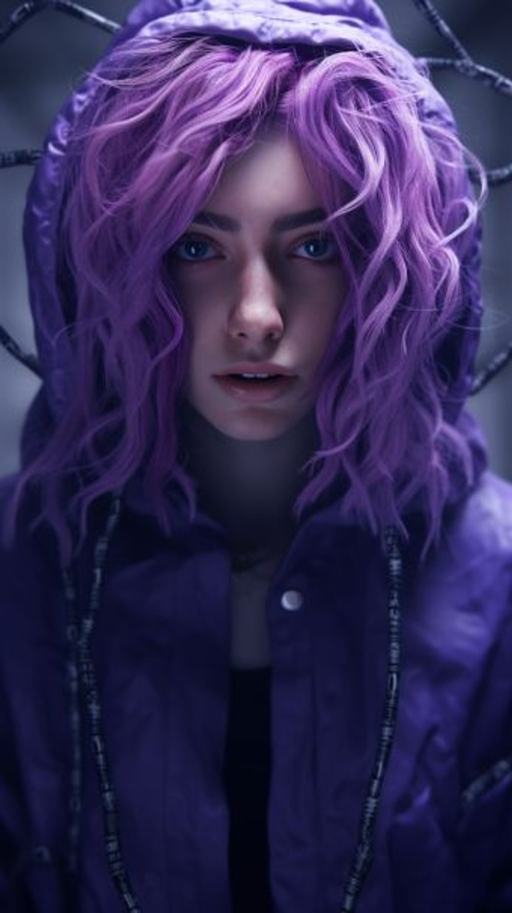 Prompt: female human with messy wavy purple hair doing stanley kubrick stare, wearing a straight jacket, restraints, blue eyes, messy hair over one eye, interior asylum, fear, terror, scream, prisoner, dim lighting, intricate detail, unreal engine, octane render, detailed architecture, broken walls, 8k, hyper realistic, photo quality, black liquid streaming from eyes, --ar 9:16 --q 2 --upbeta