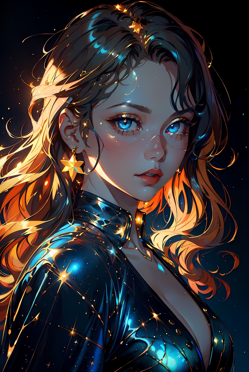 a beautiful girl on a dark blue background with gold... | OpenArt