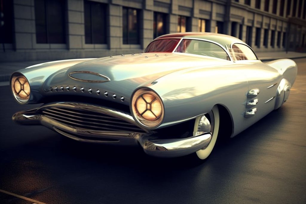 Prompt: fashionable modern car designed in the 1950's and with 1950's style flair, that looks cool and fashionable. The vehicle looks futuristic and has an overall style that reflects the 1950's, and it looks striking and aesthetically pleasing overall. It shows off some cool, futuristic design details, as well as some classic styles from the 1950's, with an overall modern feel --ar 3:2 --q 2 --upbeta --v 5.1