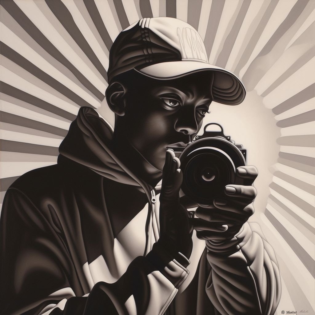 Prompt: a painting of a man holding a camera, in the style of afrofuturism, ron embleton, vibrant use of light and shadow, misha gordin, black arts movement, bruce timm, hip-hop influenced
