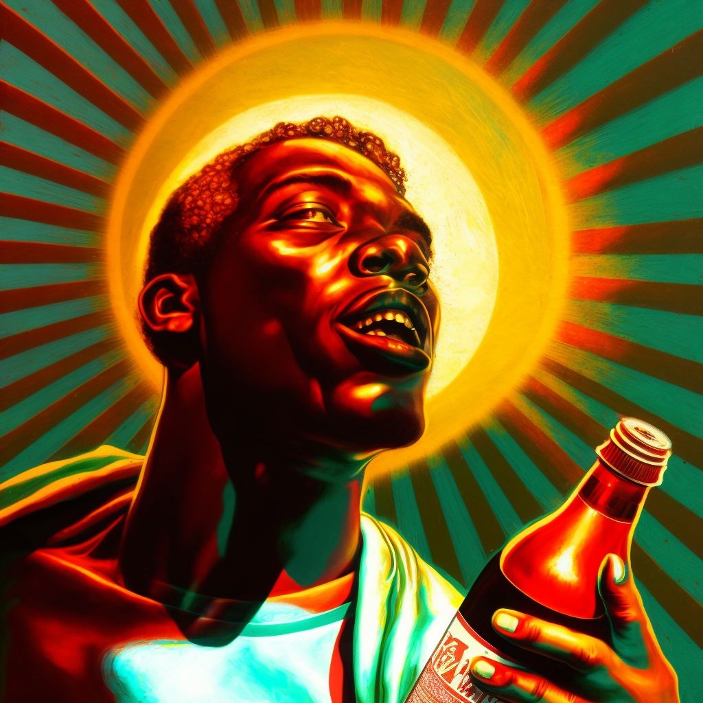 Prompt: a painting of an ugly person holding a bottle, in the style of harlem renaissance, god rays, spray-paint based, bold colors, strong lines, contrasting lights and darks, sculpted, poolcore