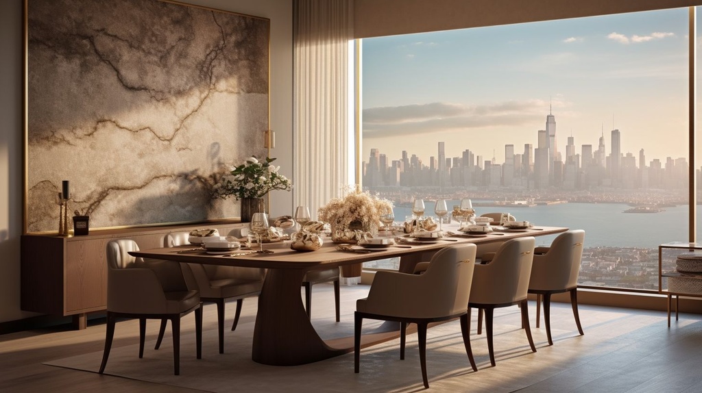 Prompt: an interior view of a dining room that overlooks a large city, in the style of backlight, sculptural quality, light gold and beige, 32k uhd, luminous seascapes, detailed craftsmanship, american tonalist