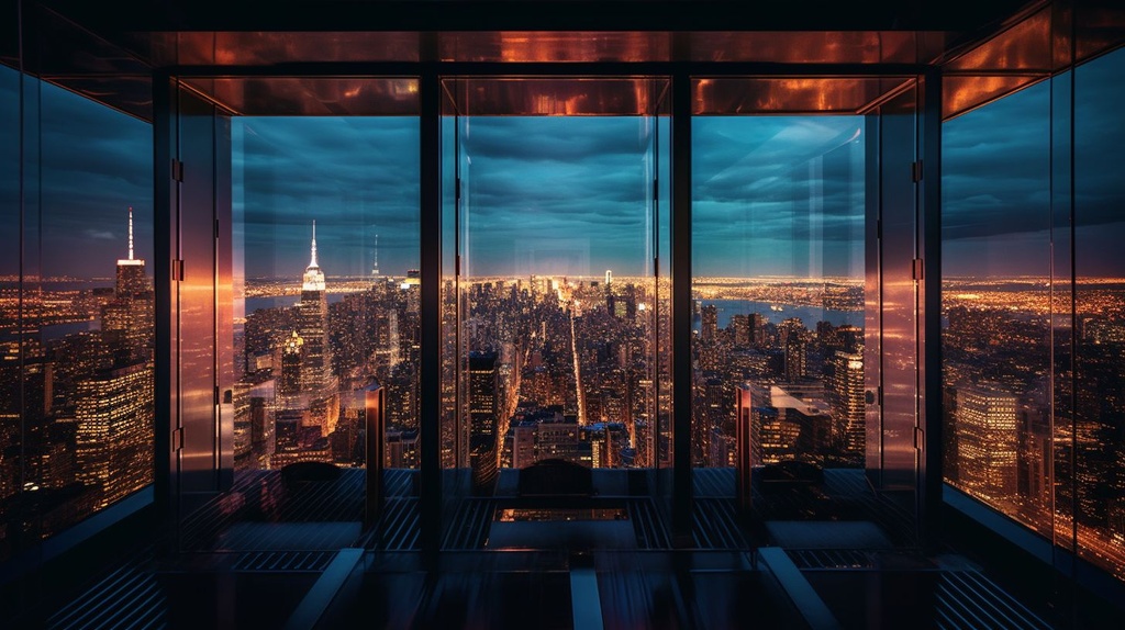 Prompt: the views from a twilight tower view in new york city, in the style of 32k uhd, photo taken with nikon d750, futuristic spacescapes, suspended/hanging, dark amber and sky-blue, sensory experience, zeiss ikon zm