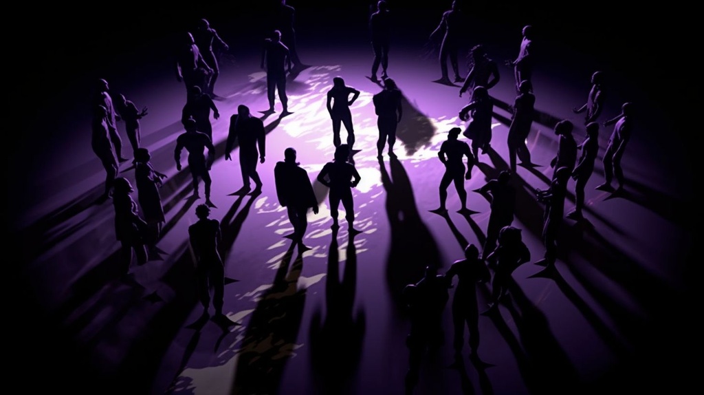 Prompt: some people are standing above a circle with purple and white lights, in the style of distorted bodies, animated gifs, shadow play, frank miller, primordial creatures, sharp/prickly, video