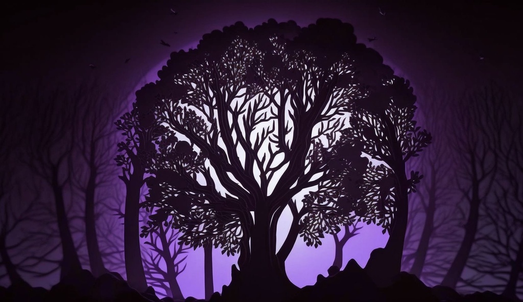 Prompt: purple lights light up the sky and forms the shape of trees, in the style of creepypasta, comical choreography, shadow play, foampunk, gutai group, 1st version, anamorphic art