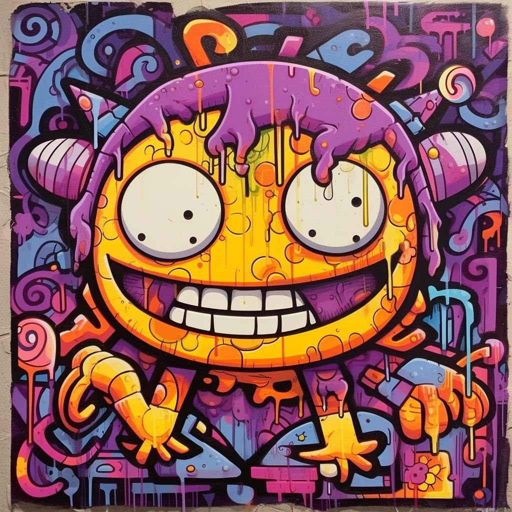 Prompt: abstract piece art of graffiti new york graffiti artist stacy sturgeon, in the style of colorful caricature, light purple and yellow, unique yokai illustrations, becky cloonan, joe madureira, grotesque beauty, magenta and amber