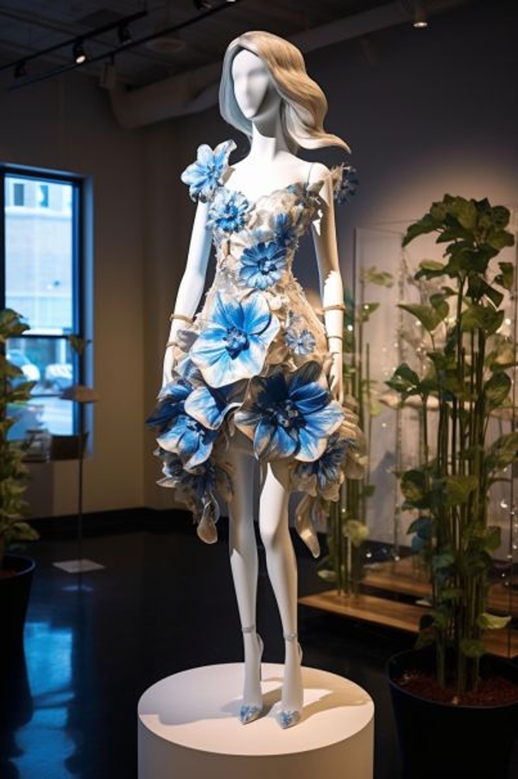 Prompt: tall mannequin in a beautiful silver and white short dress with bright blue large flowers that start big and get smaller in scale towards the neck. The overall tropical vibe with the jungle and the flowers makes the image even more vibrant and full of energy --ar 2:3 --q 2 --upbeta --v 5.1