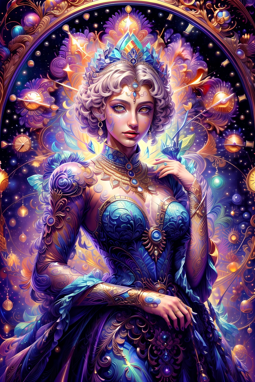 Prompt: lady of Time beautiful goddess. She controls the time. stunning face. Light golden eyes. Internal Clocks parts all over her beautiful gradient blue dress. A very elaborate illuminated magical colorful fractal clock on the center of her dress. Intricate metallic details. beautiful background. gerhartz, artgerm and Dali style , <lora:add_detail:1>, <lora:styleJelly_v10:0. 7> <lora:PsyAI_128:0. 8> PsyAI, 8k, UHD, HDR, (Masterpiece:1. 5), (best quality:1. 5) 